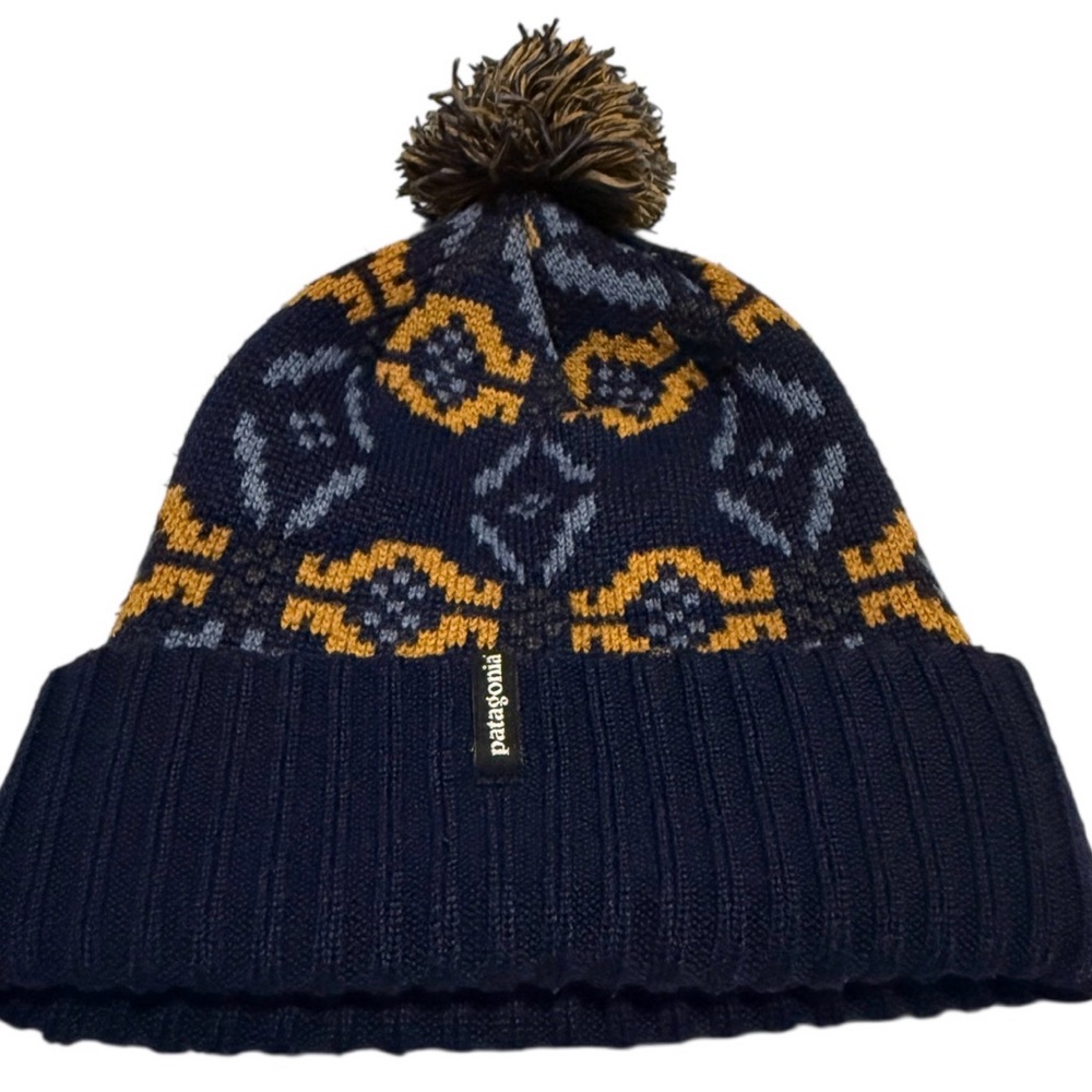 Patagonia Kids' Powder Town Blue Brown Geometric Beanie Winter Hat